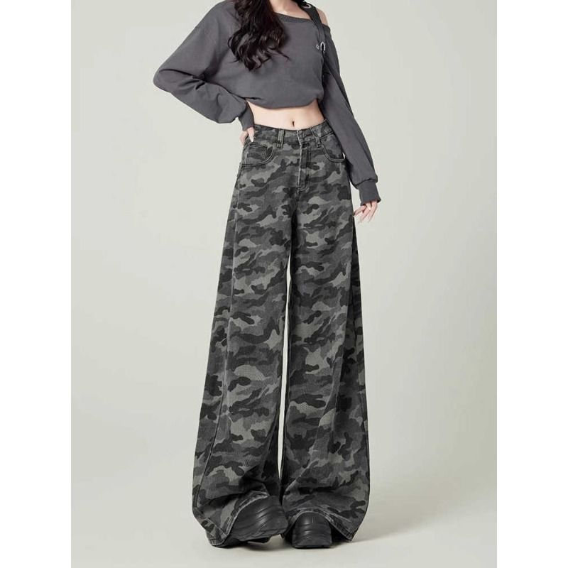 阔腿裤美式复古阔腿迷彩弯刀牛仔裤女春秋季高腰直筒宽松显瘦拖