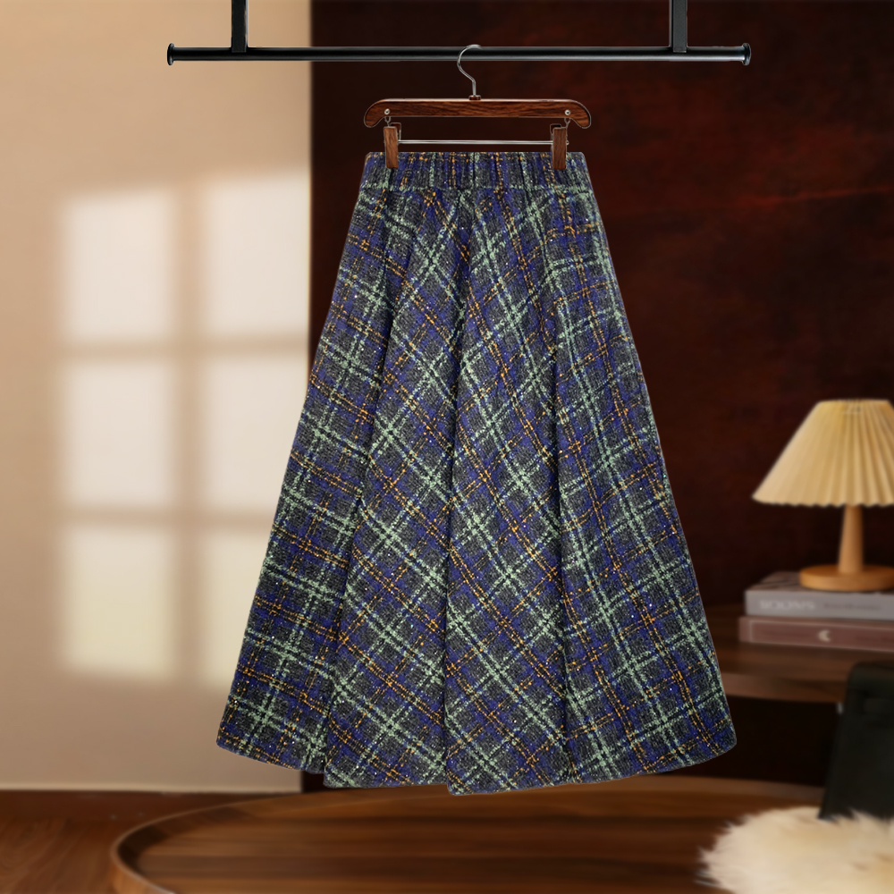 【夏夏】2025秋冬经典格纹洒银半身裙高腰设计显瘦显优雅伞裙D8261