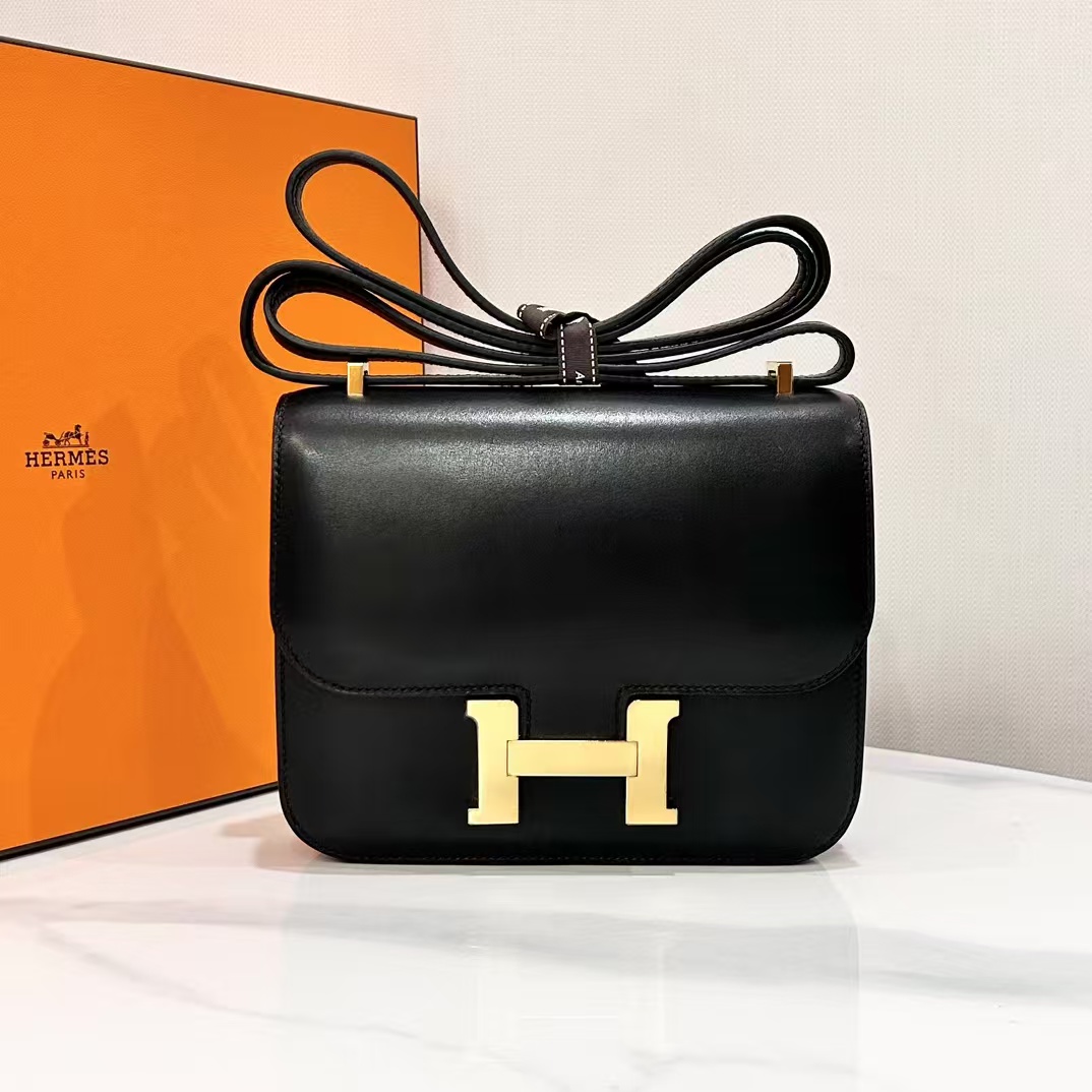 99新 Hermes/爱马仕 蔚蓝店/黑金康康19 box皮 