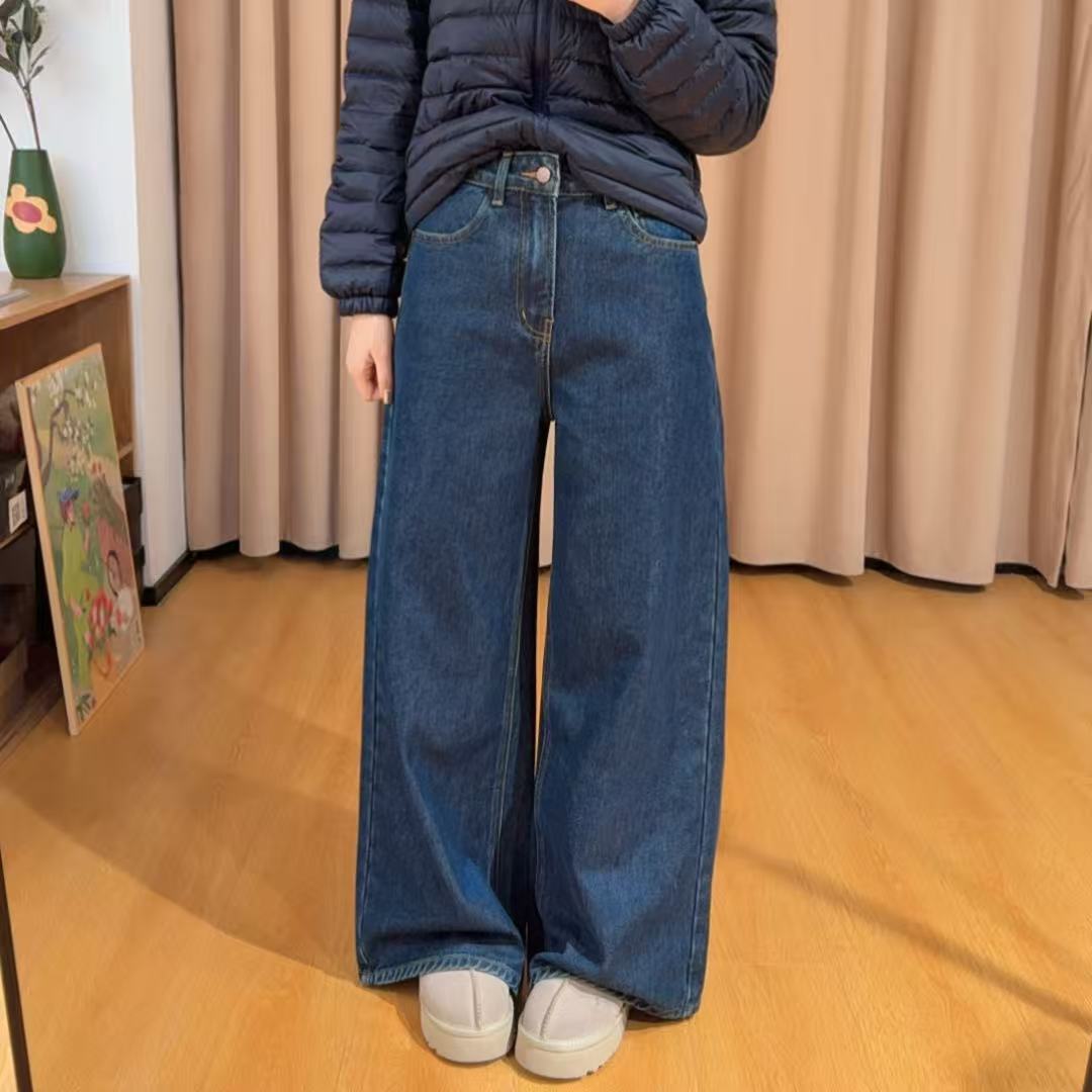 13641余小鱼【蓝调假日】深蓝色明线设计高腰水洗植绒牛仔裤女装