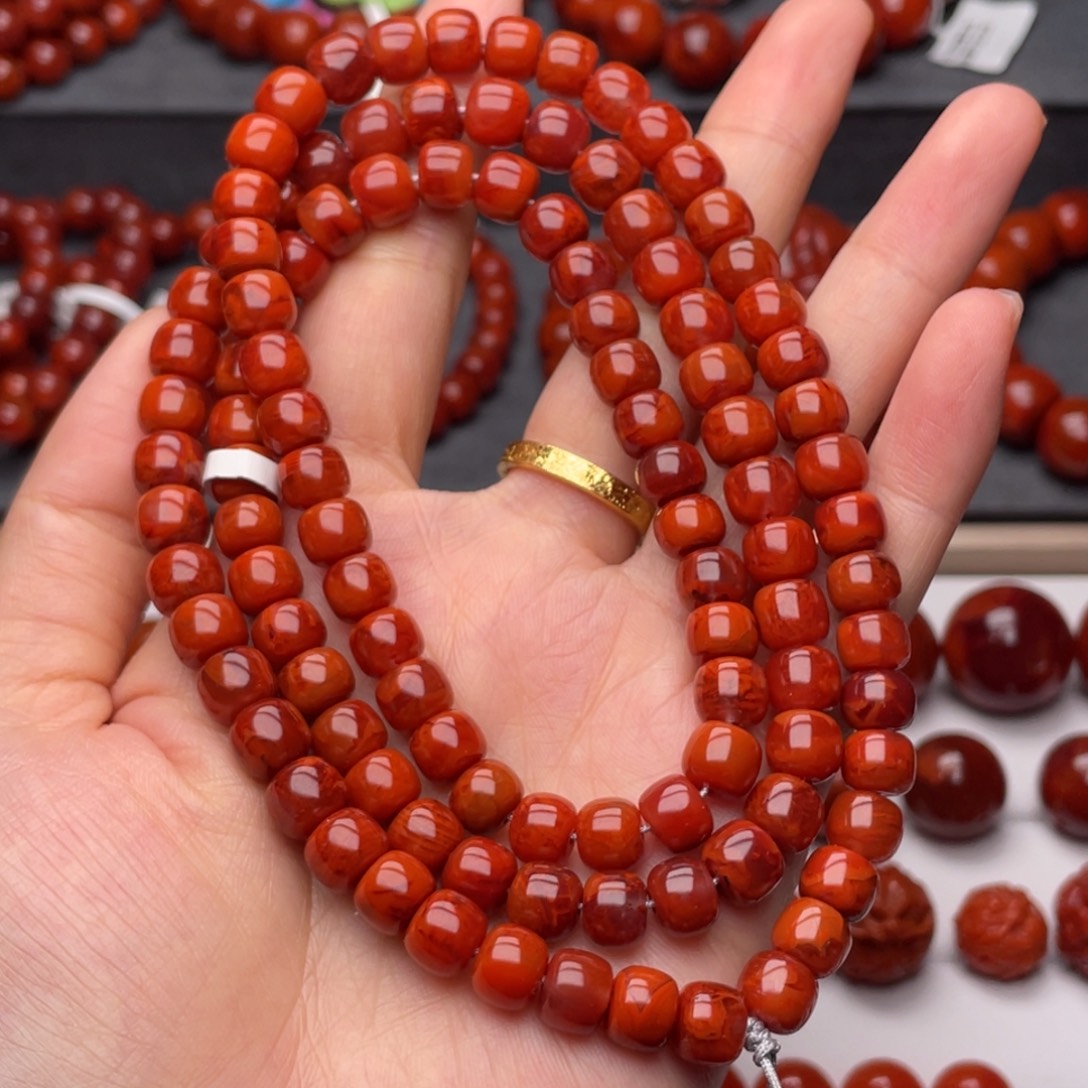 南红玛瑙未镶嵌手链7.6mm顶品瓦西火焰纹老型108