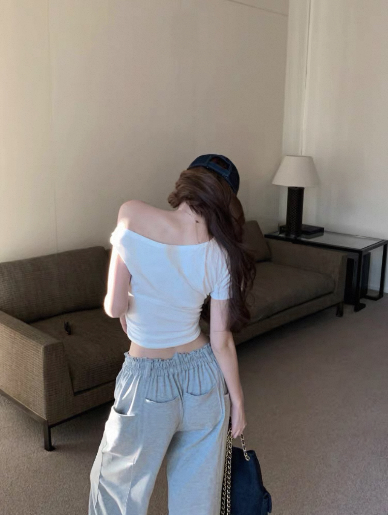 短款短袖修身型斜领辣妹风T恤露脐小众巴恩风潮牌