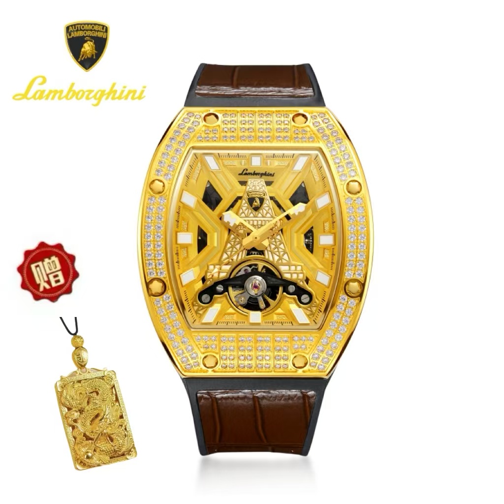 AutomobiliLamborghinig兰博基尼酒桶陀飞轮铁塔足金999腕表8386