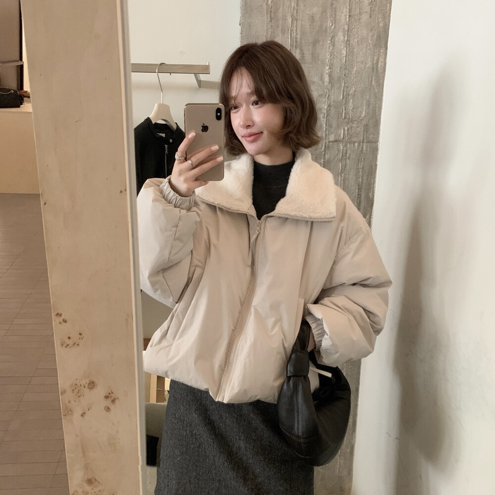 Cute Club 甜美风简约拼接毛毛领羽绒服外套冬季宽松休闲百搭上衣