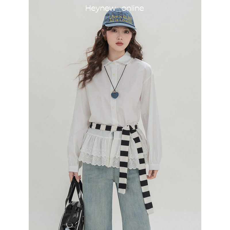 【年中宠粉福利】白色法式蕾丝花边娃娃领衬衫春宽松内搭上衣4D1112