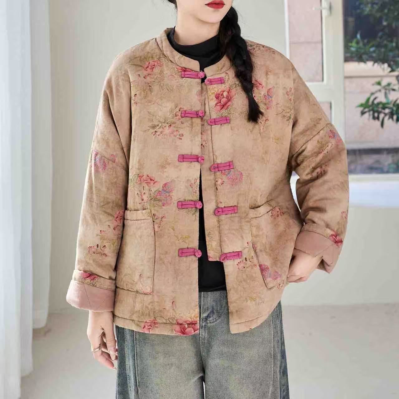 新款复古盘扣小棉服棉衣保暖印花棉袄常规加厚复古my     8626