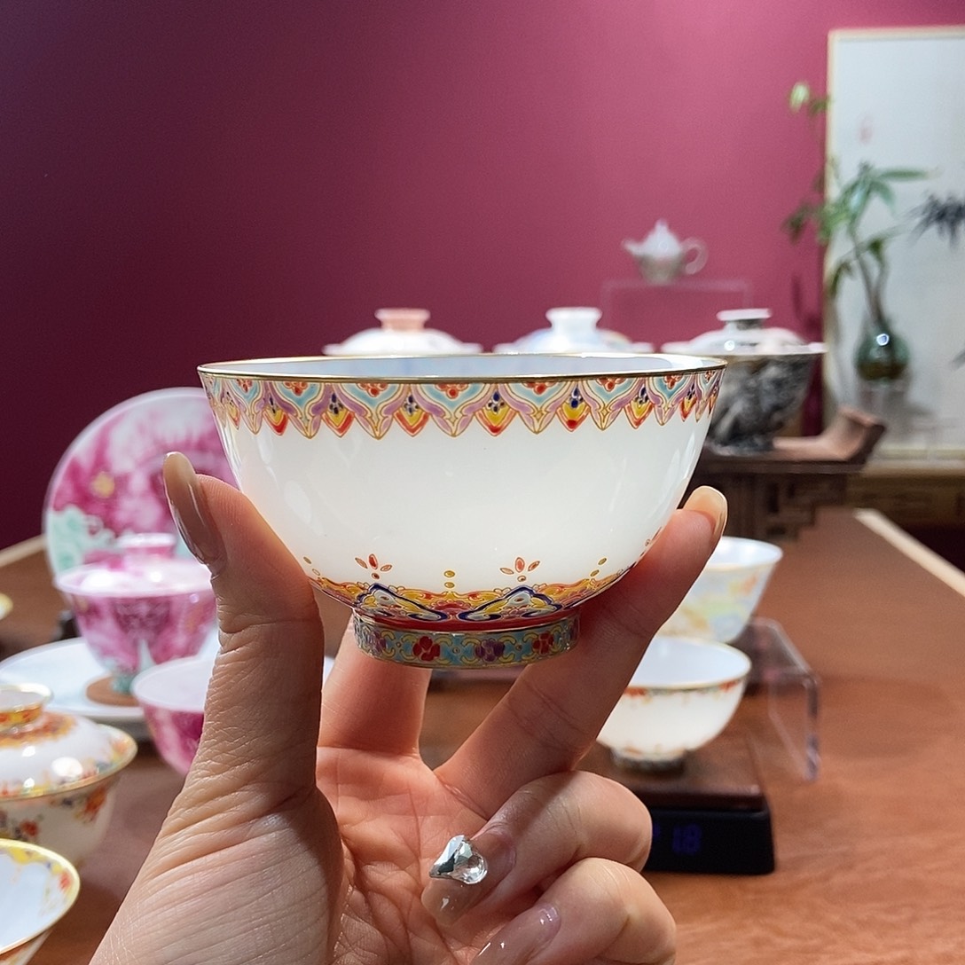 山月闲微瑕超薄胎脱胎瓷高温手工珐琅彩主人杯
