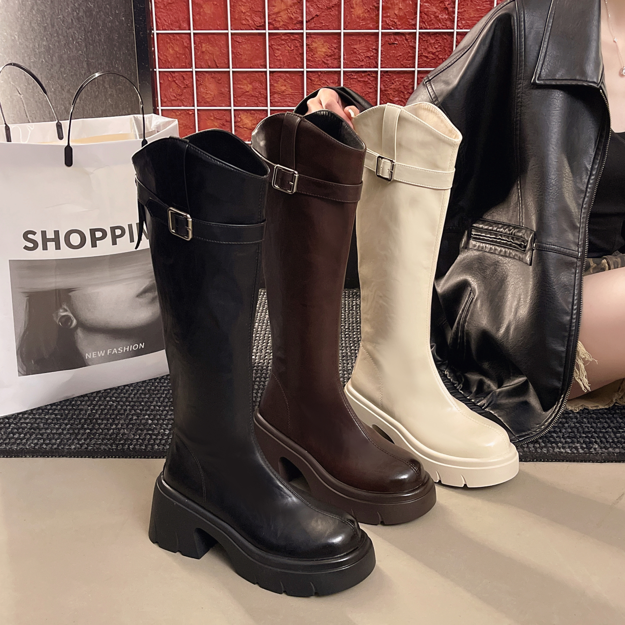 马丁靴胖mm白色靴子骑士瘦瘦靴长靴秋季时装靴过膝X931