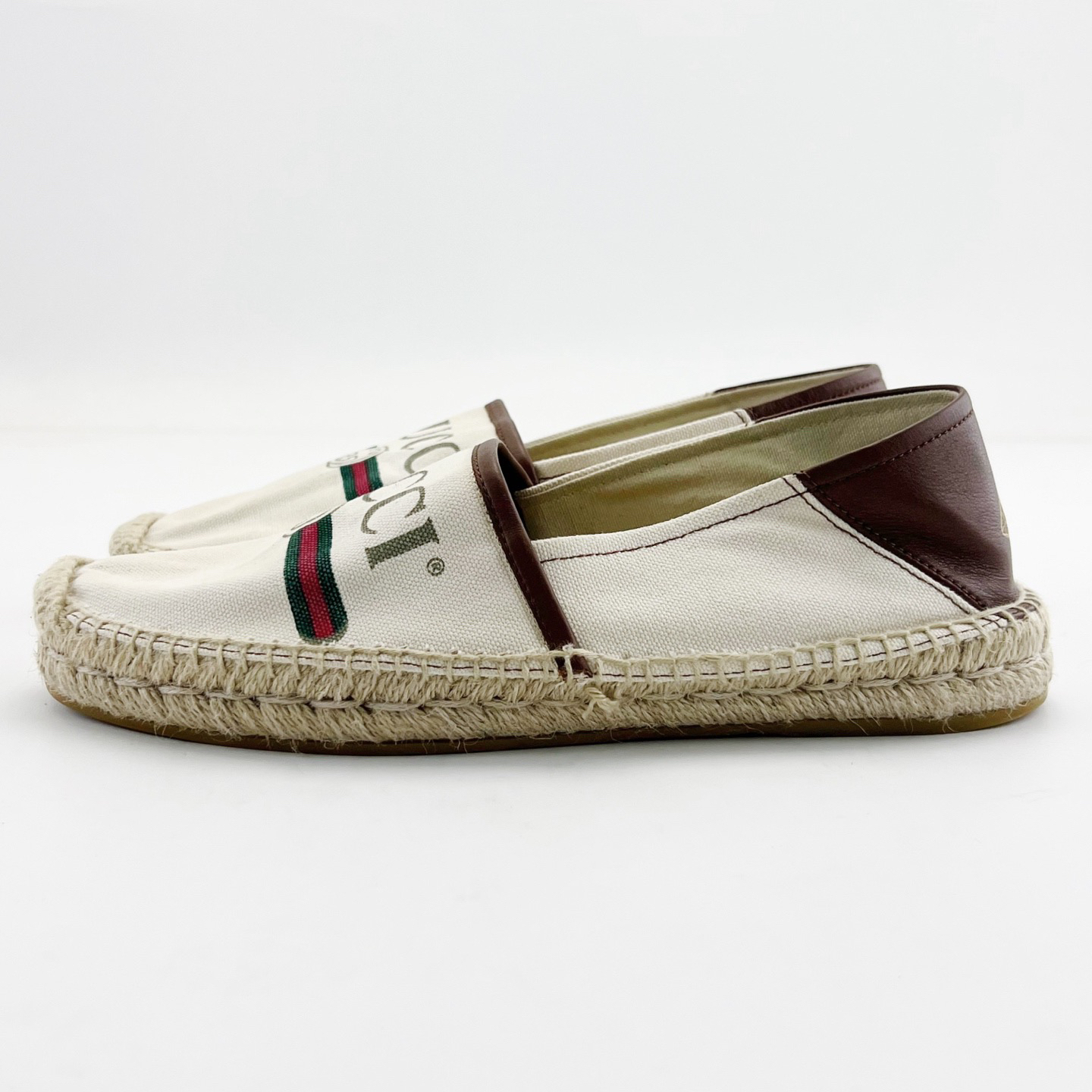 90新 GUCCI/古驰 41.5码/米色圆头logo一脚蹬渔夫鞋/18051870