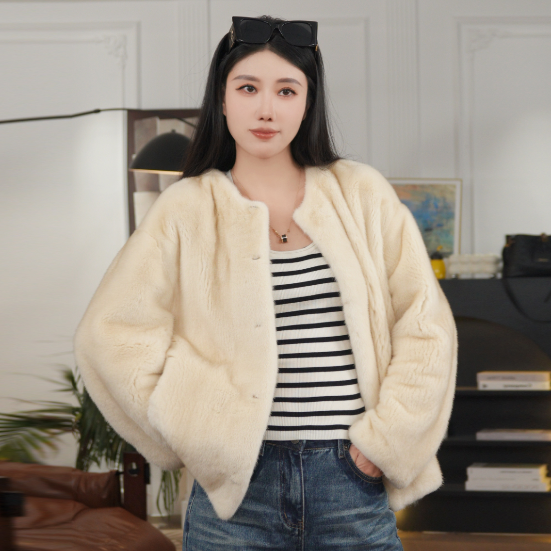 【汐瑶薇薇】短款圆领款进口短二母貂整貂皮大衣女皮草外套时尚洋气