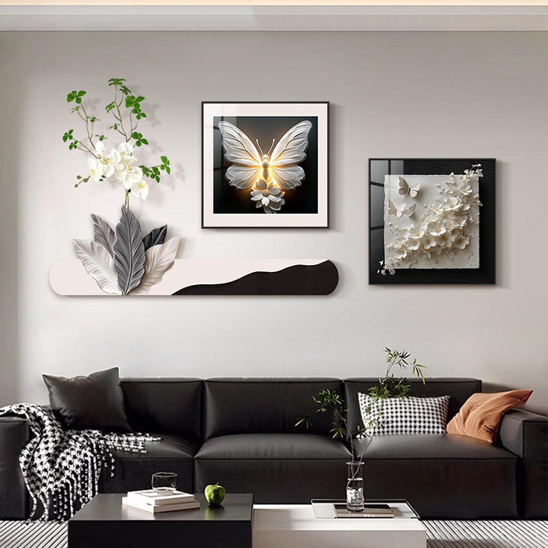 现代简约黑白蝴蝶绿植组合客厅沙发背景墙高级装饰画奶油风挂画沙