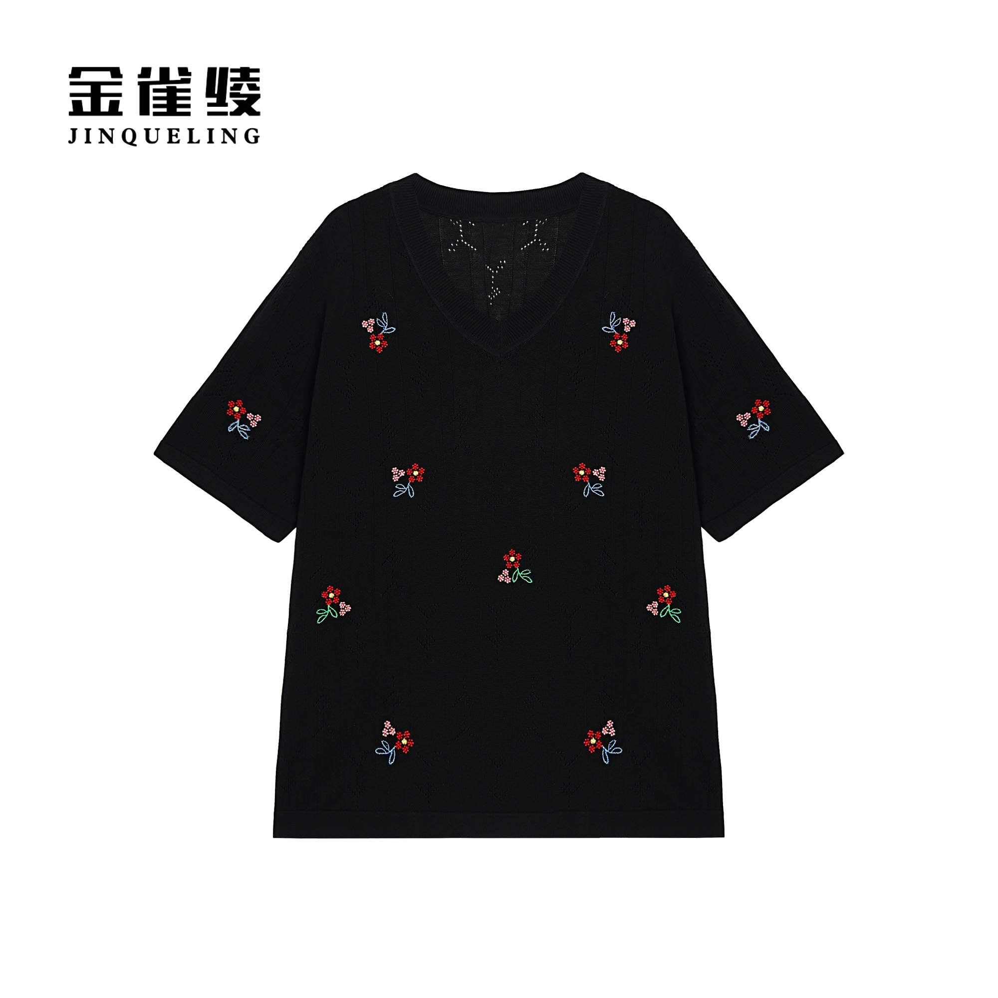 金雀绫【小红花】刺绣工艺宽松显瘦大码女装针织小衫SZAK1SHY50