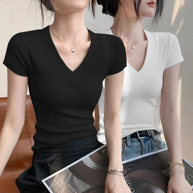 欧若风简约韩系百搭V领短袖t恤女2025夏季显瘦设计感鱼骨修身上衣