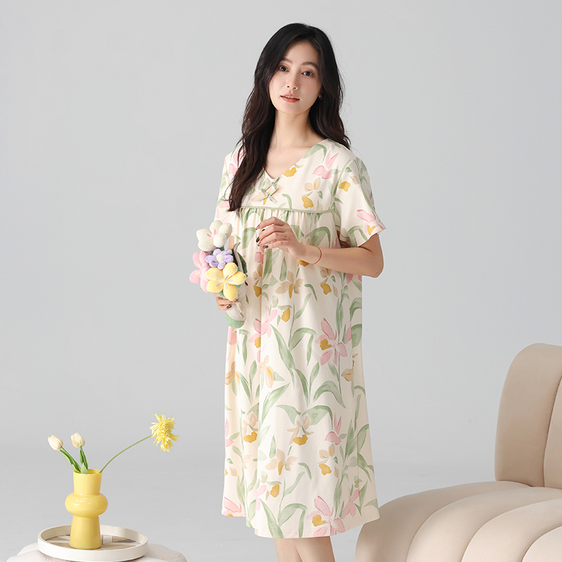 三枪25春夏新品短袖纯棉休闲中长款印花舒适宽松女睡裙Q70018A11