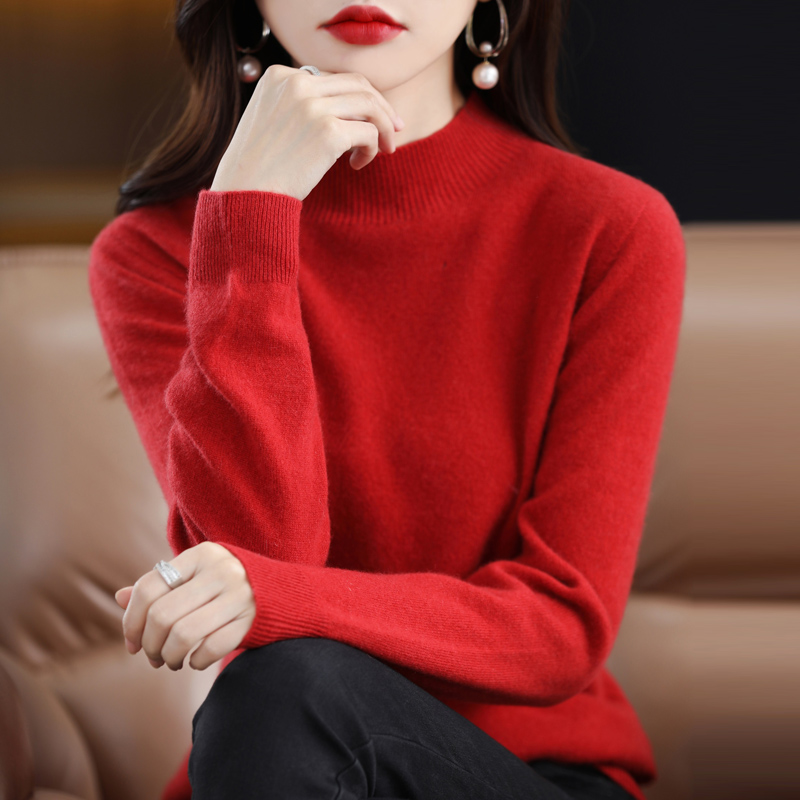 100羊毛~柔软舒适半高长袖纯色百搭上衣打底女