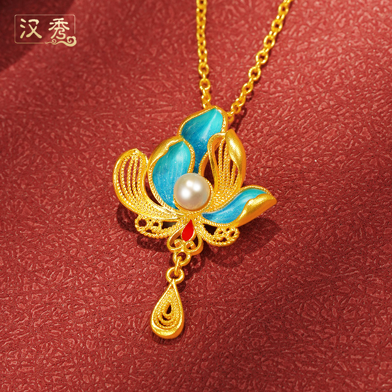 汉秀足金空谷幽兰套链古风百搭女款鎏彩坠链生日礼物送老婆