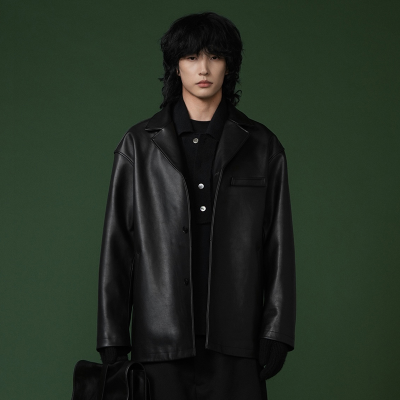 黑色牛皮宽松中长款真皮西装皮衣翻领外套迪伦大叔536518