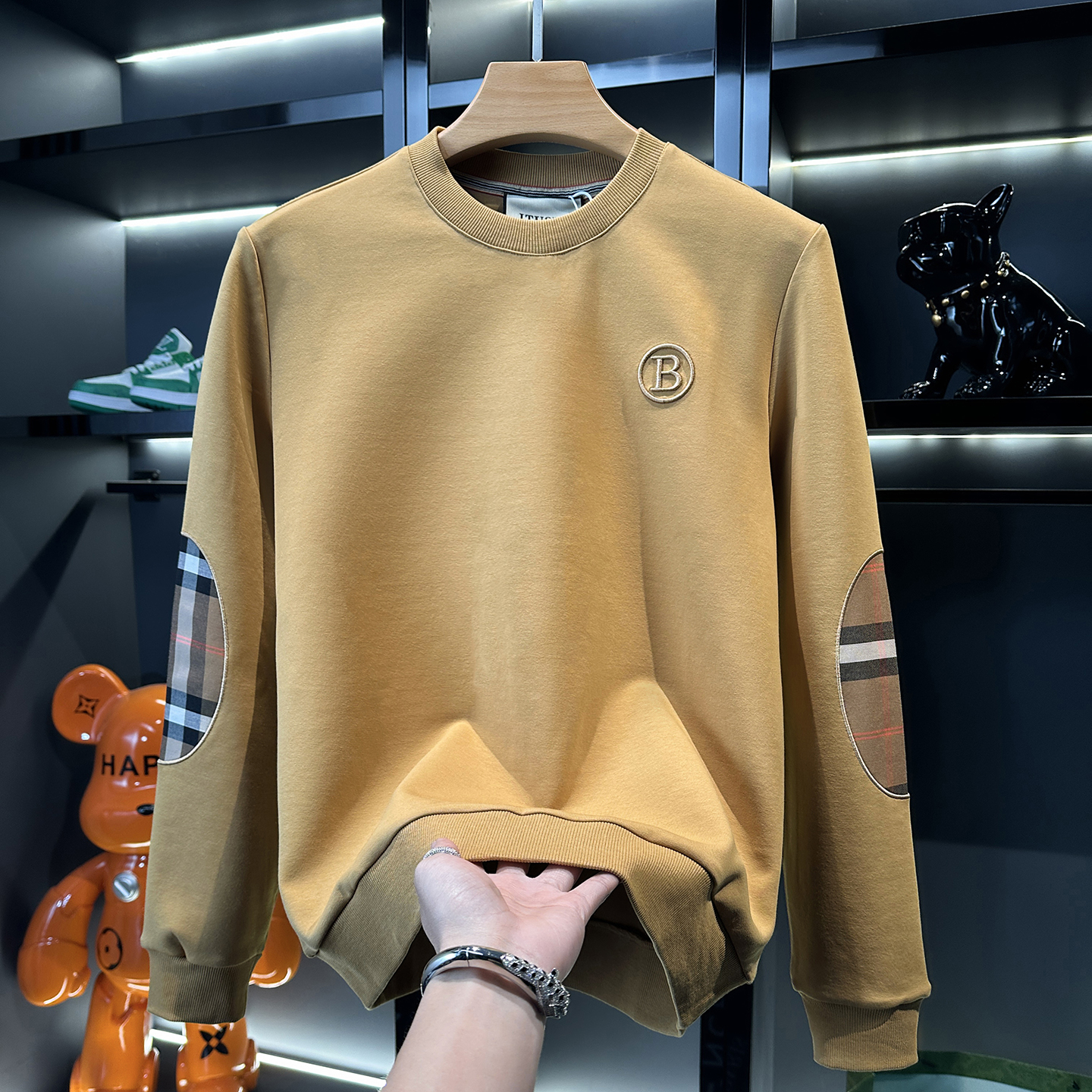 欧货潮牌格子卫衣男士2025秋冬圆领大码长袖T恤男修身内搭打底衫