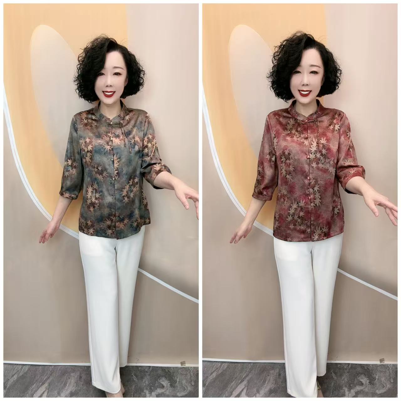 25822夏新款枫叶花中老年宽松舒适大码开衫八分袖衬衫上衣，衣长65