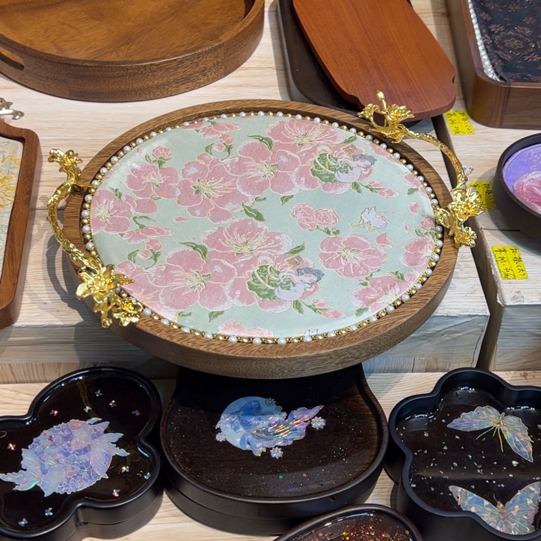 摆件A**y南美胡桃木带转盘粉色茶席珍珠款