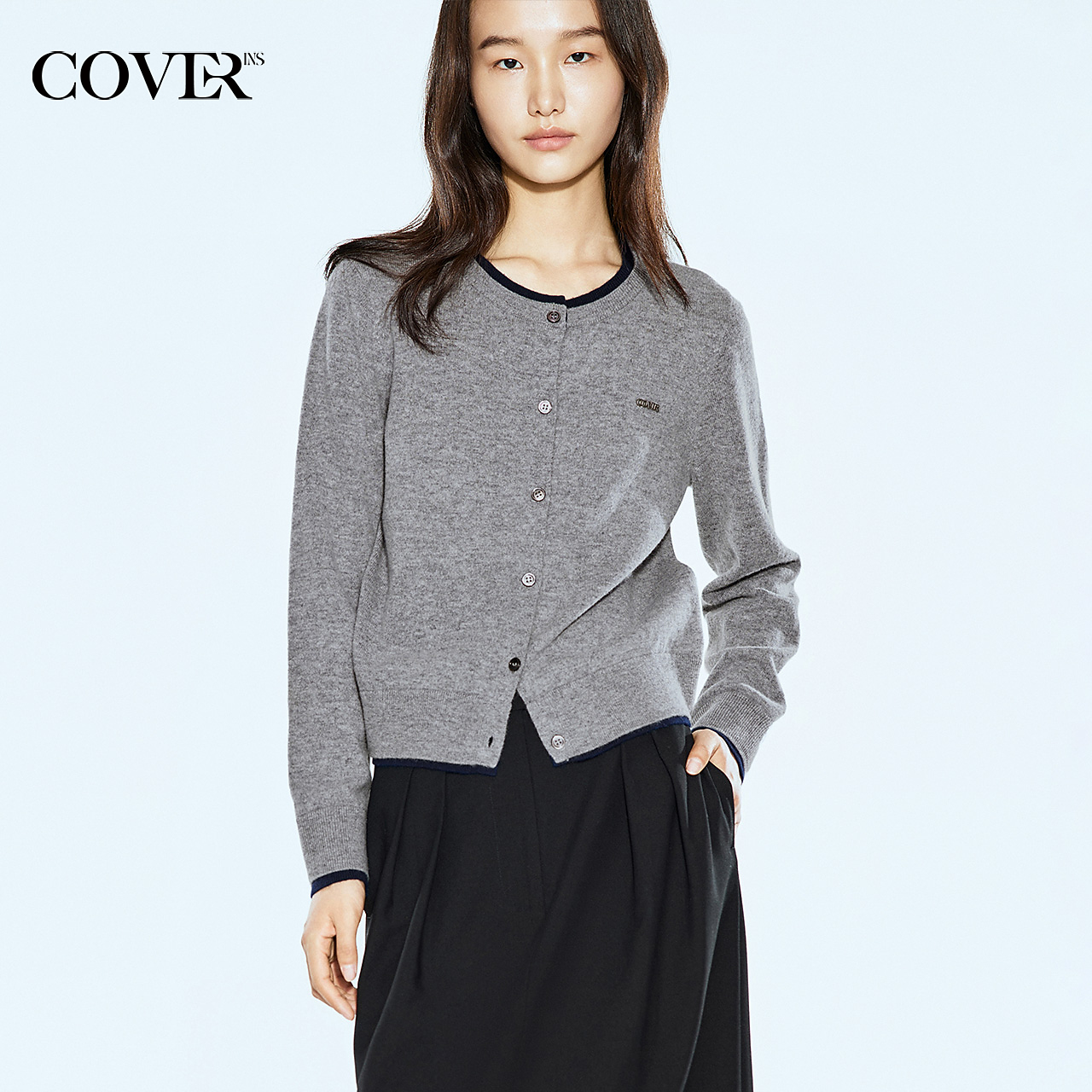 [新派简约]COVERINS2025春季零感亲肤假两件全绵羊毛开衫