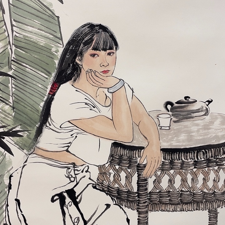 自***醒带灯款何老师四尺人物