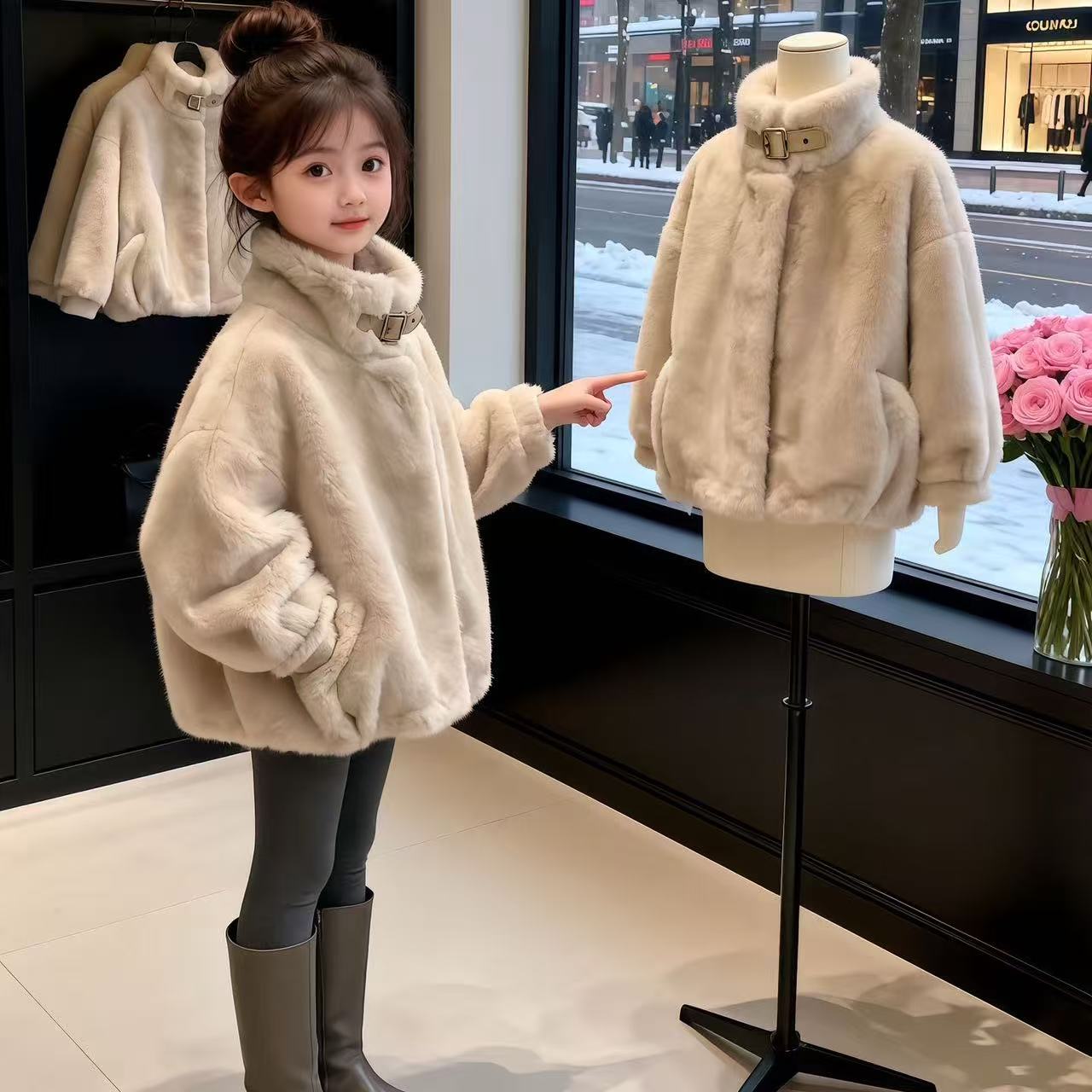 女童洋气韩版秋冬款时尚洋气毛毛衣外套皮毛一体毛毛衣外套