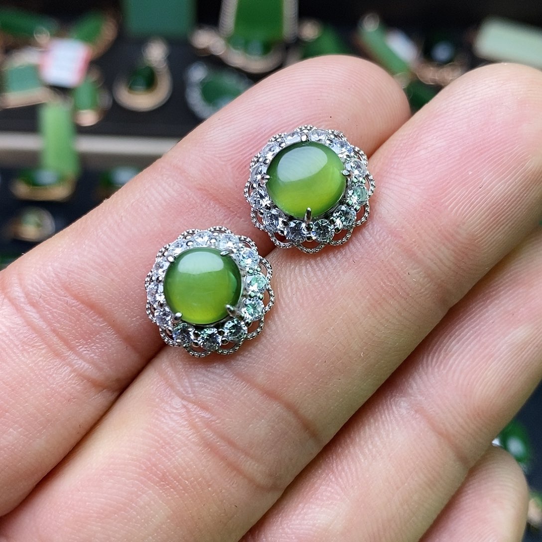 和田玉（碧玉）耳饰银S925镶嵌