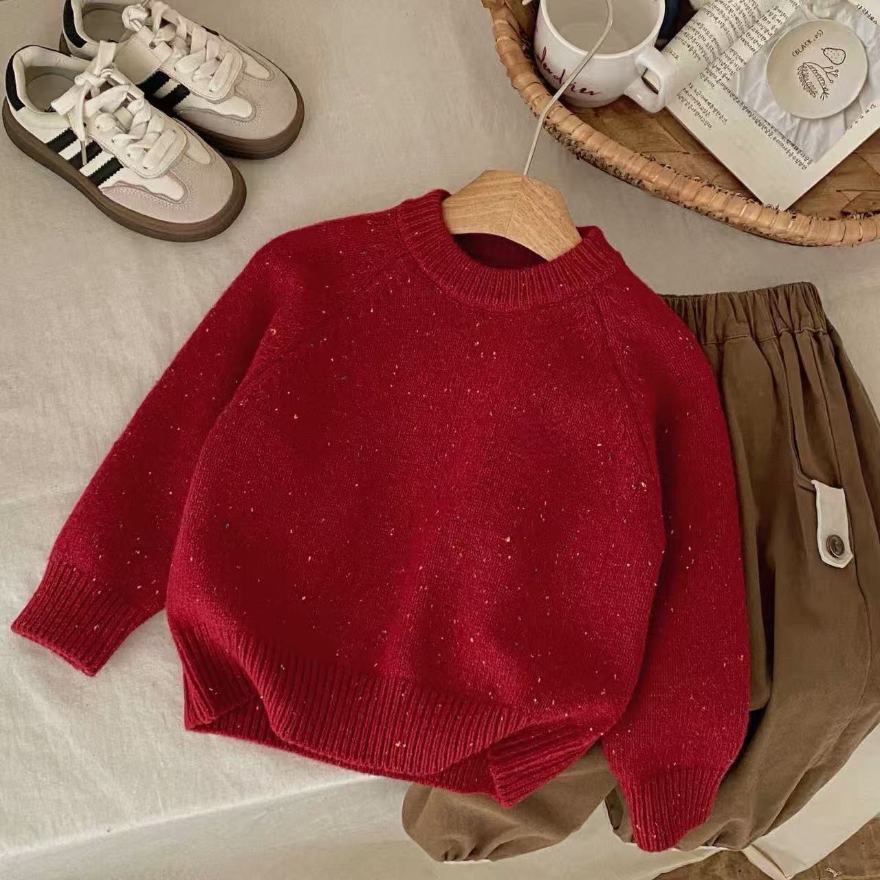 2025秋冬新款点子夹色套头毛衣男女童洋气刺绣厚实百搭针织毛衣