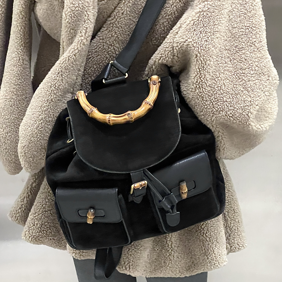 95新 GUCCI/古驰 黑色麂皮竹节中号双肩背包