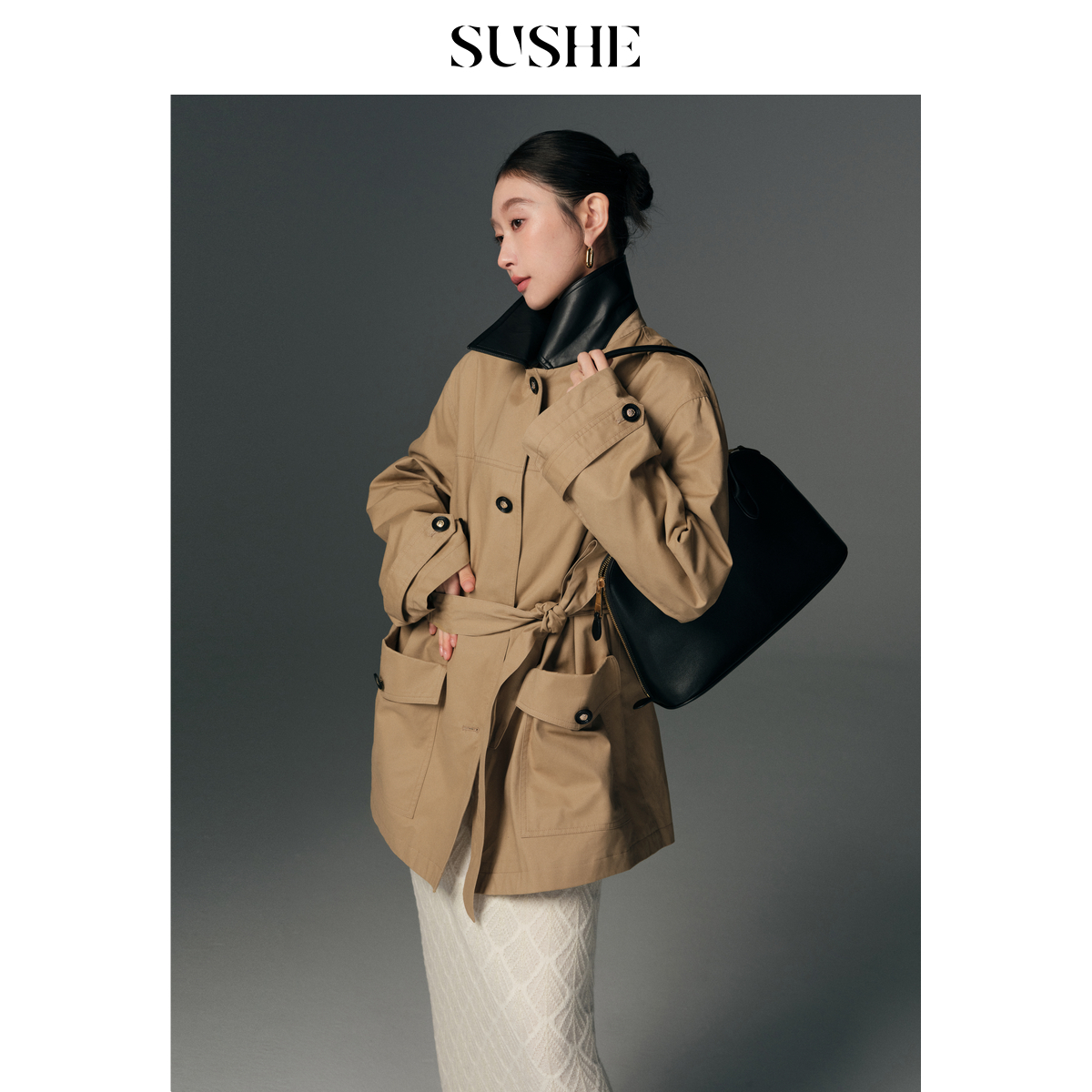 束皙SUSHE 浩途 巴恩风 纯棉拼皮复古翻领松紧腰带工装夹克外套女