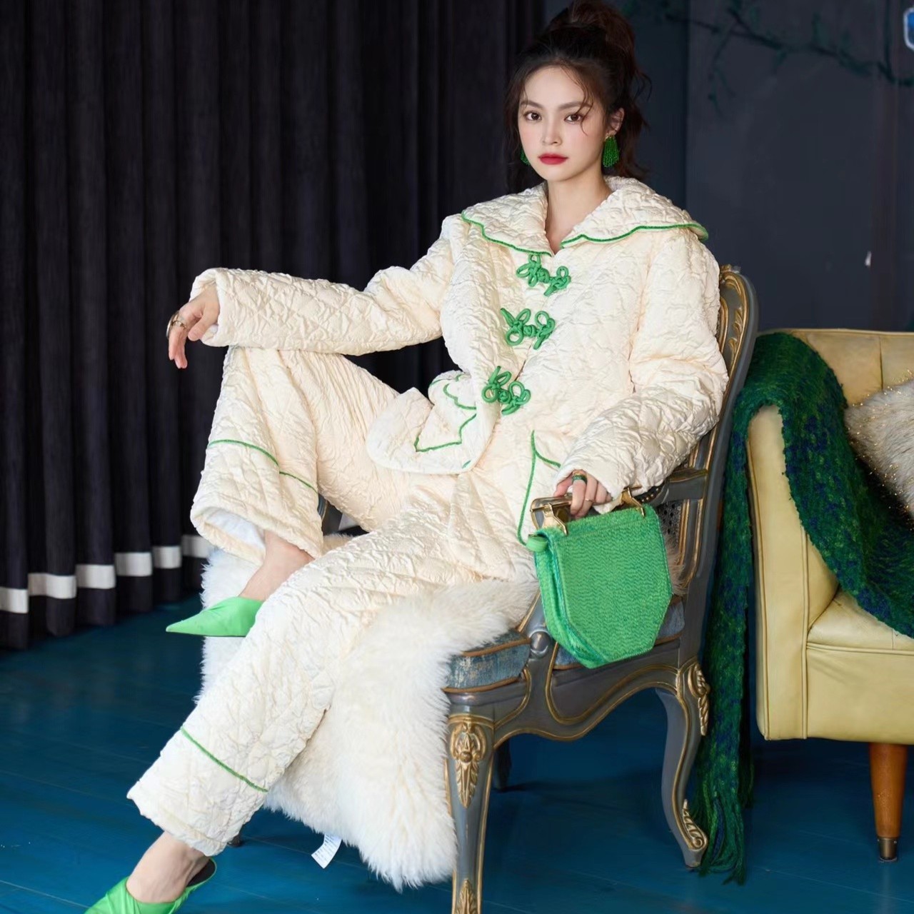 原创 FT白山茶花夹棉加绒外穿家居服套装气质