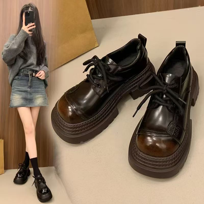 系带休闲薄款英伦风乐福鞋圆头黑色修面皮时尚春季8808-5