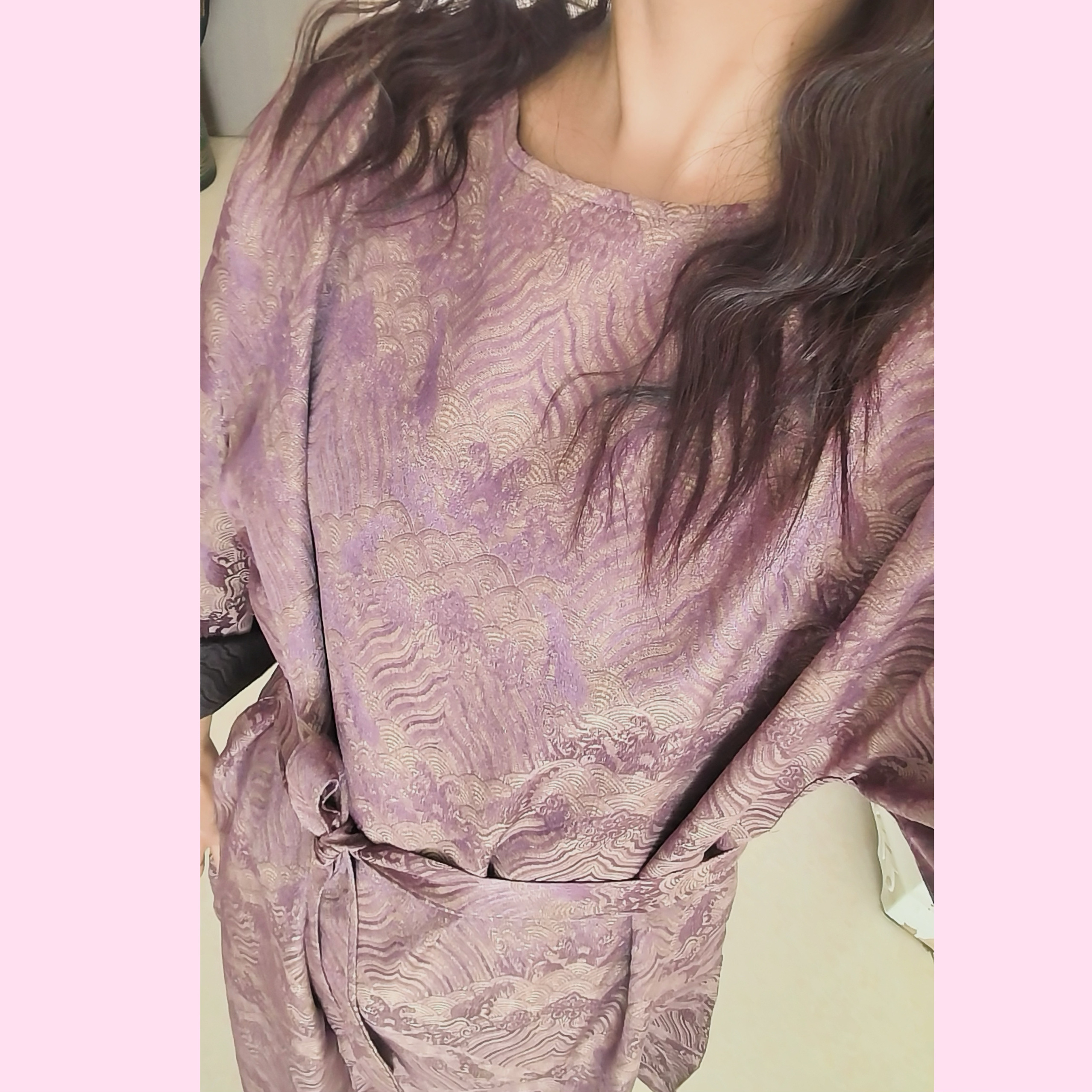 预九条蚕100桑蚕丝50姆米草染红紫海水江崖网红款连衣裙大袍