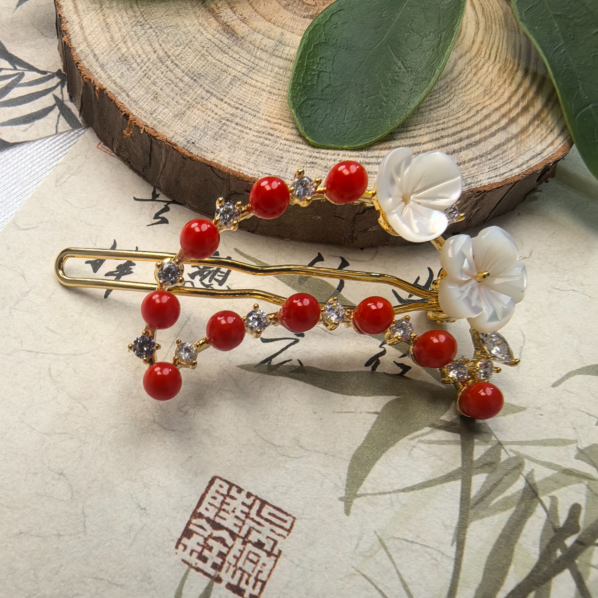 【中展红珊瑚】天然红珊瑚发夹 多样性发一