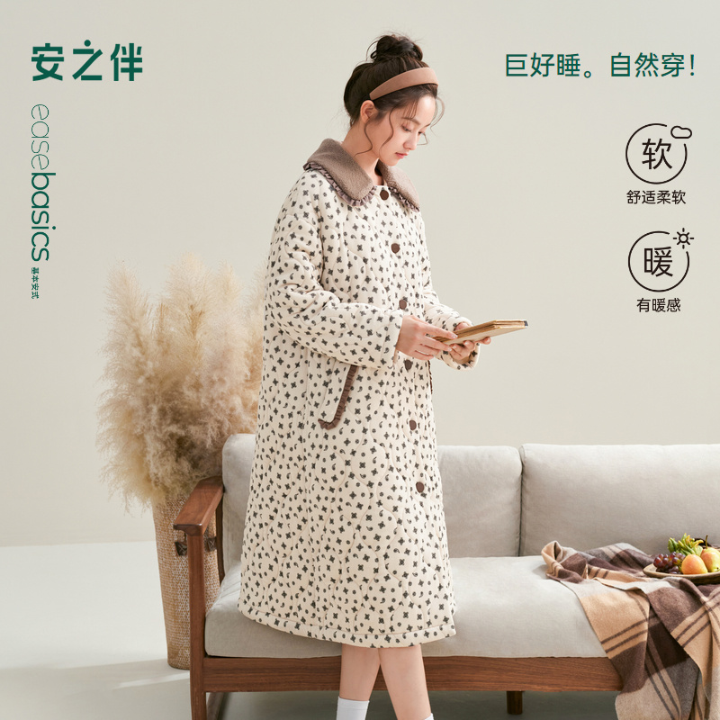 安之伴【巨保暖】冬季新款夹棉睡袍女款娃娃领加厚家居服中长款睡裙