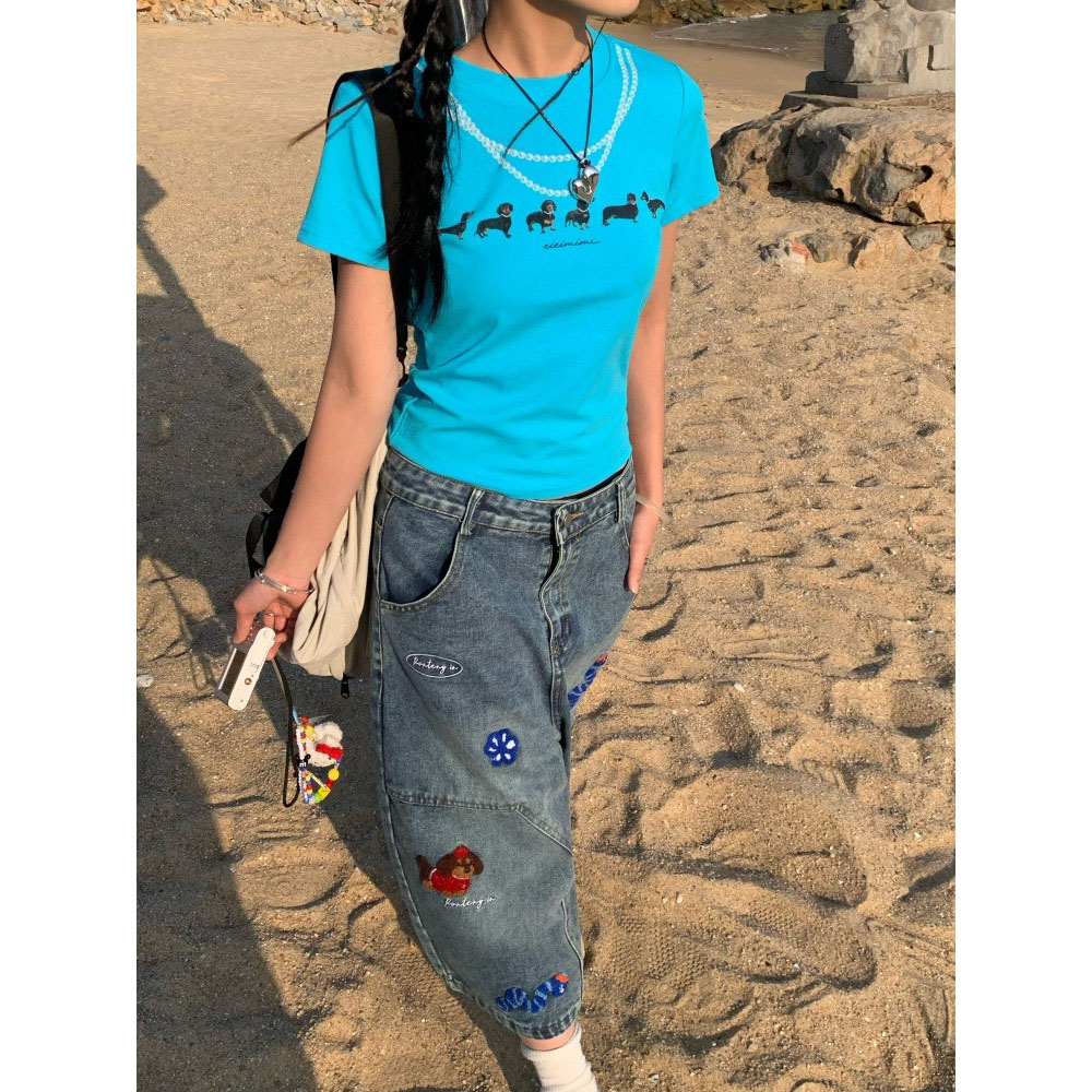 美式高街复古狗狗贴布牛仔7分裤男女夏季宽松百搭阔腿显瘦裤子潮