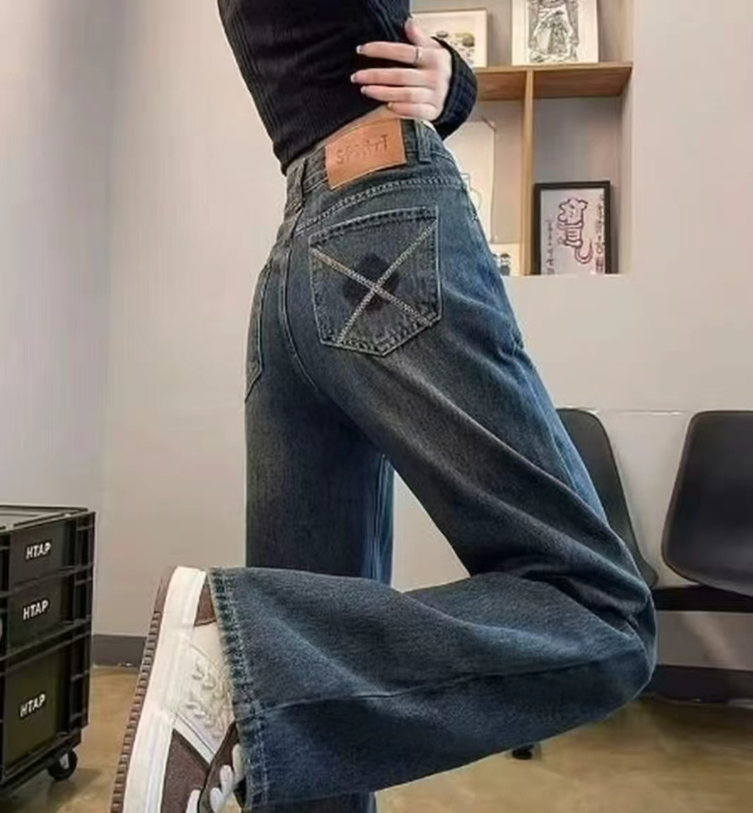 水泥灰复古牛仔女直筒显瘦高腰阔腿裤秋季百搭宽松拖地裤