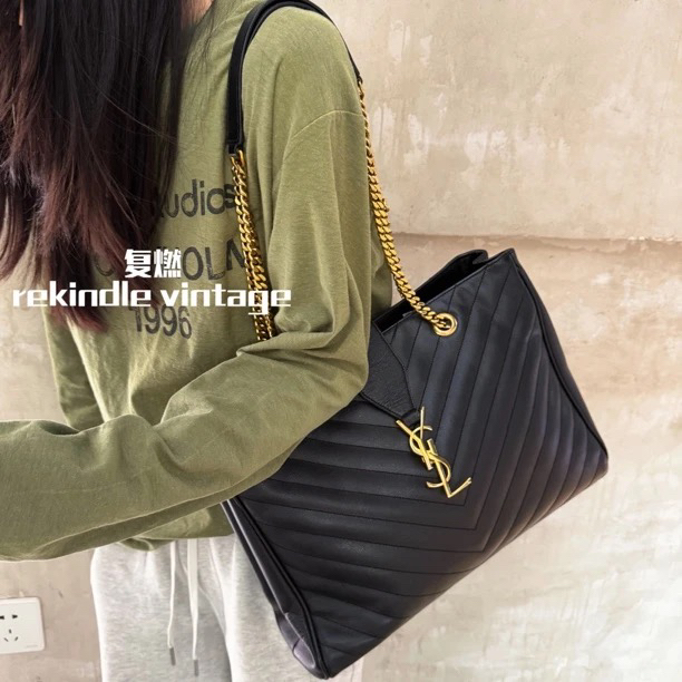 95新 YSL/圣罗兰 复燃精选/黑金v纹鱼子酱大号托特包