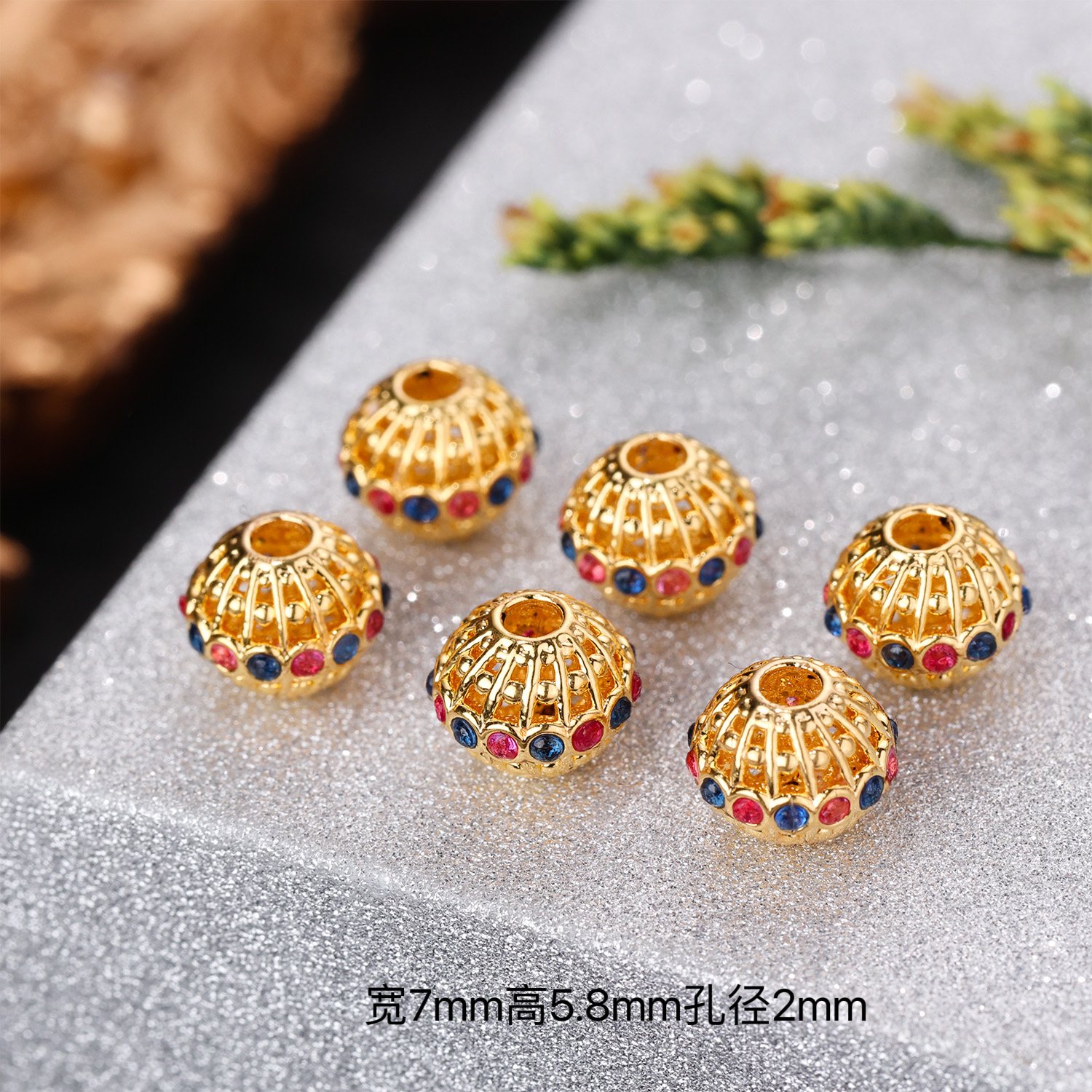 【来福工厂】18k金豪镶红蓝色金腰带花丝灯笼7mm隔珠珠串配饰