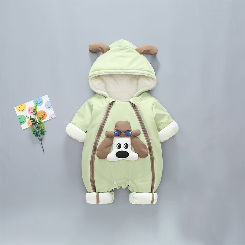 婴幼儿冬季加绒加厚小狗连体婴儿保暖秋冬冬款卡通连帽外出服宝宝