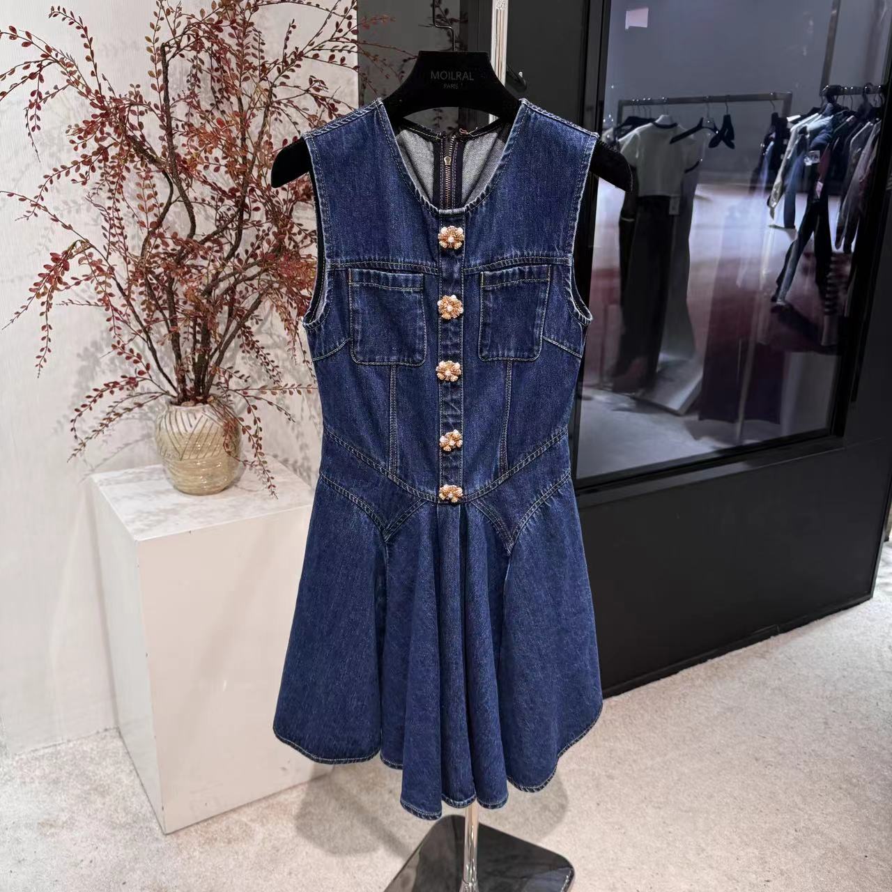 无袖单排扣休闲百搭牛仔连衣裙FH2301344-344