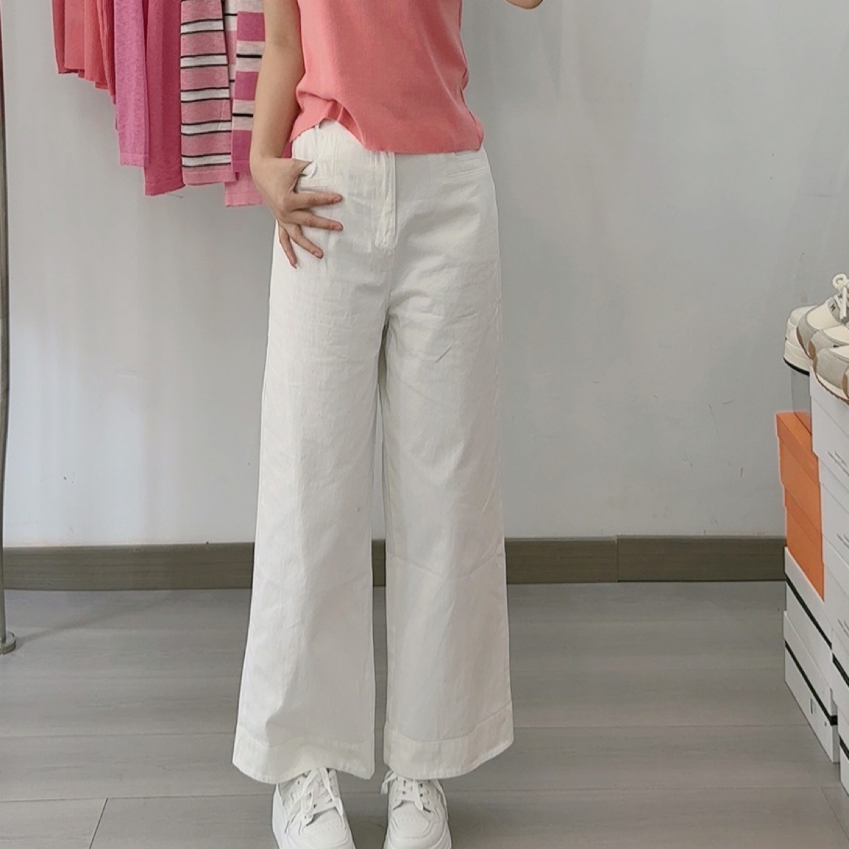 夏季中腰设计感纽扣阔腿裤女百搭显瘦休闲裤