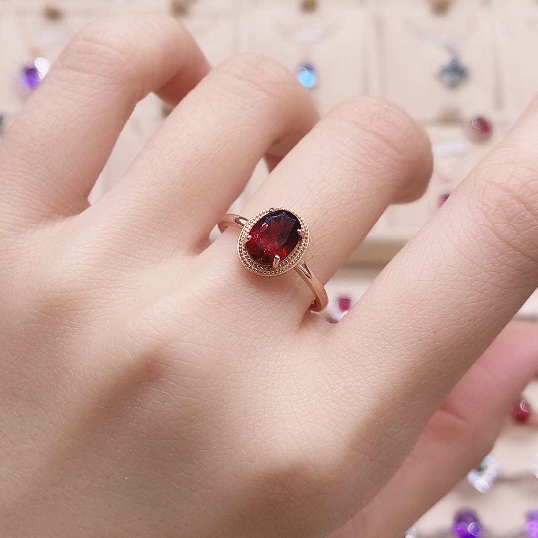 石榴石戒指银S925镶嵌戒指