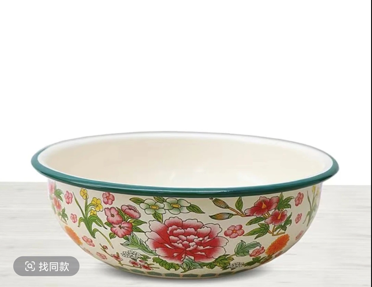 23厘米特厚富贵牡丹搪瓷元宝盆1个