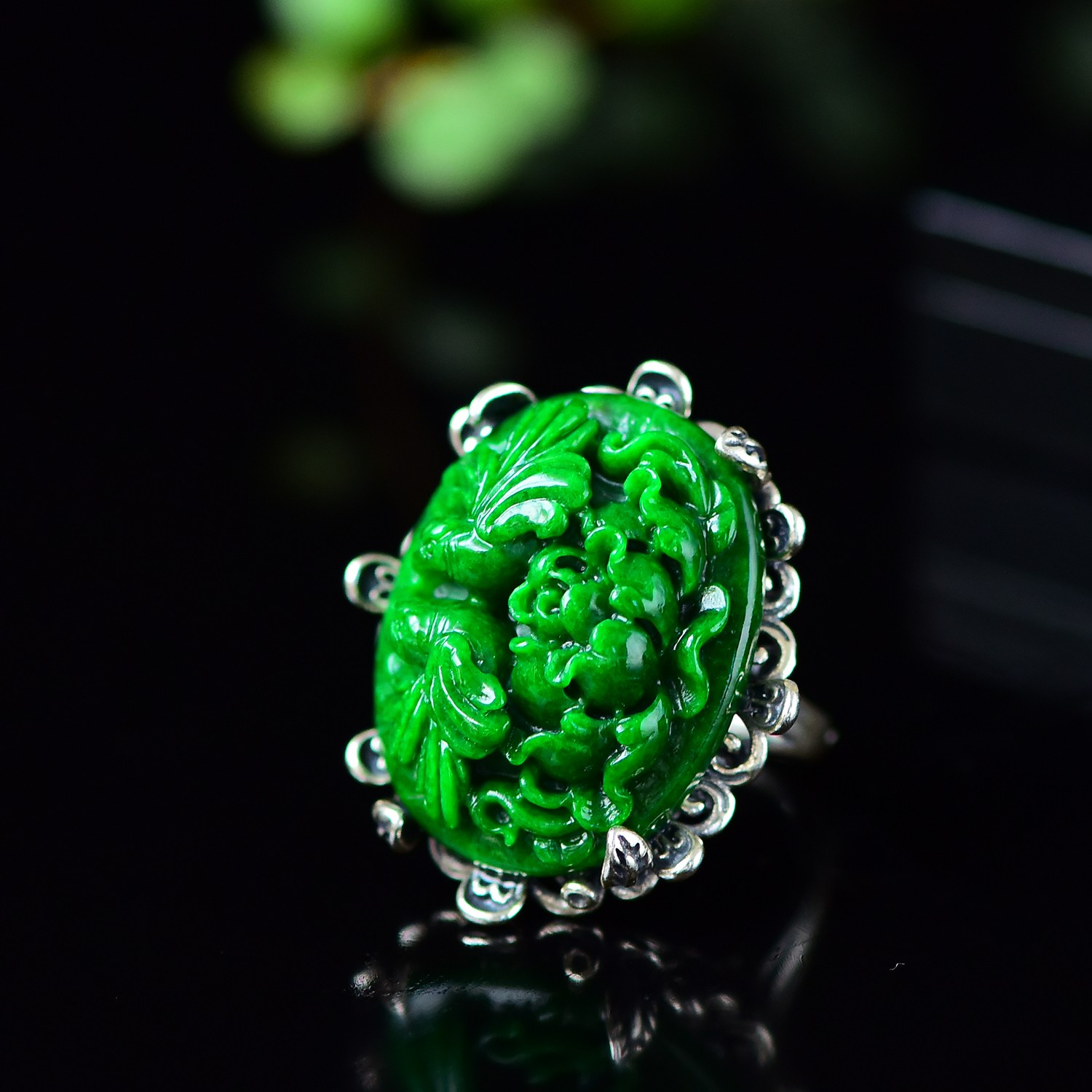 天然A货翡翠花满辣阳色花开富贵戒指