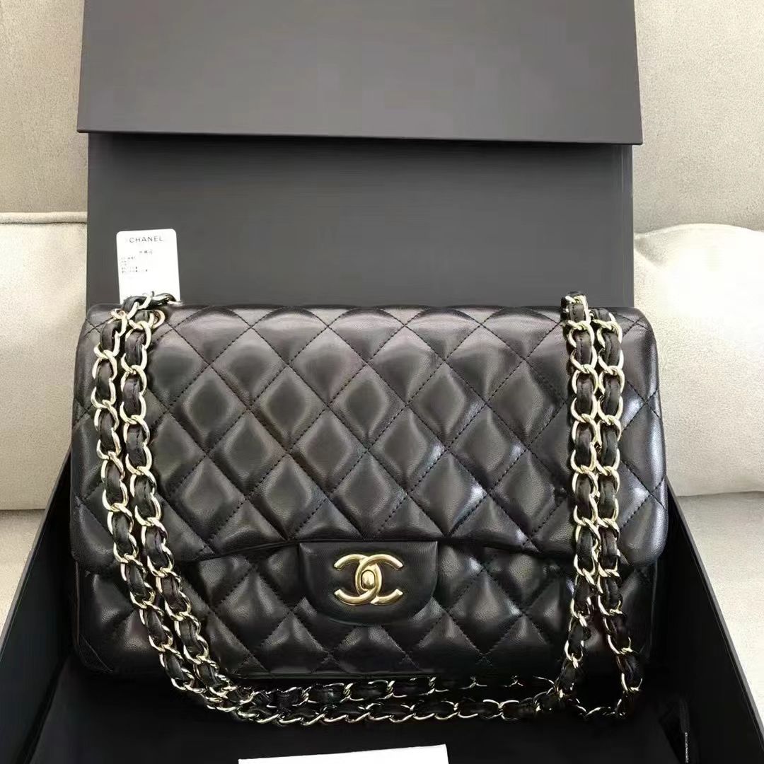 99新 Chanel/香奈儿 1010210黑金光面双翻盖jumbo包