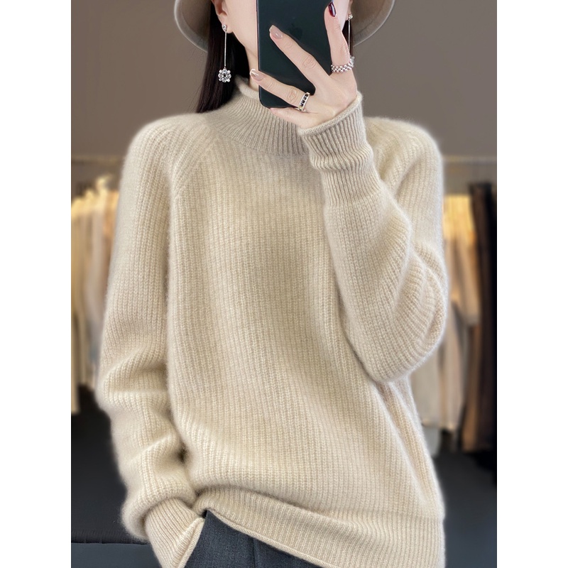 秋冬新款100%纯羊毛衫女半高领抽条卷边套头毛衣宽松针织长袖打底