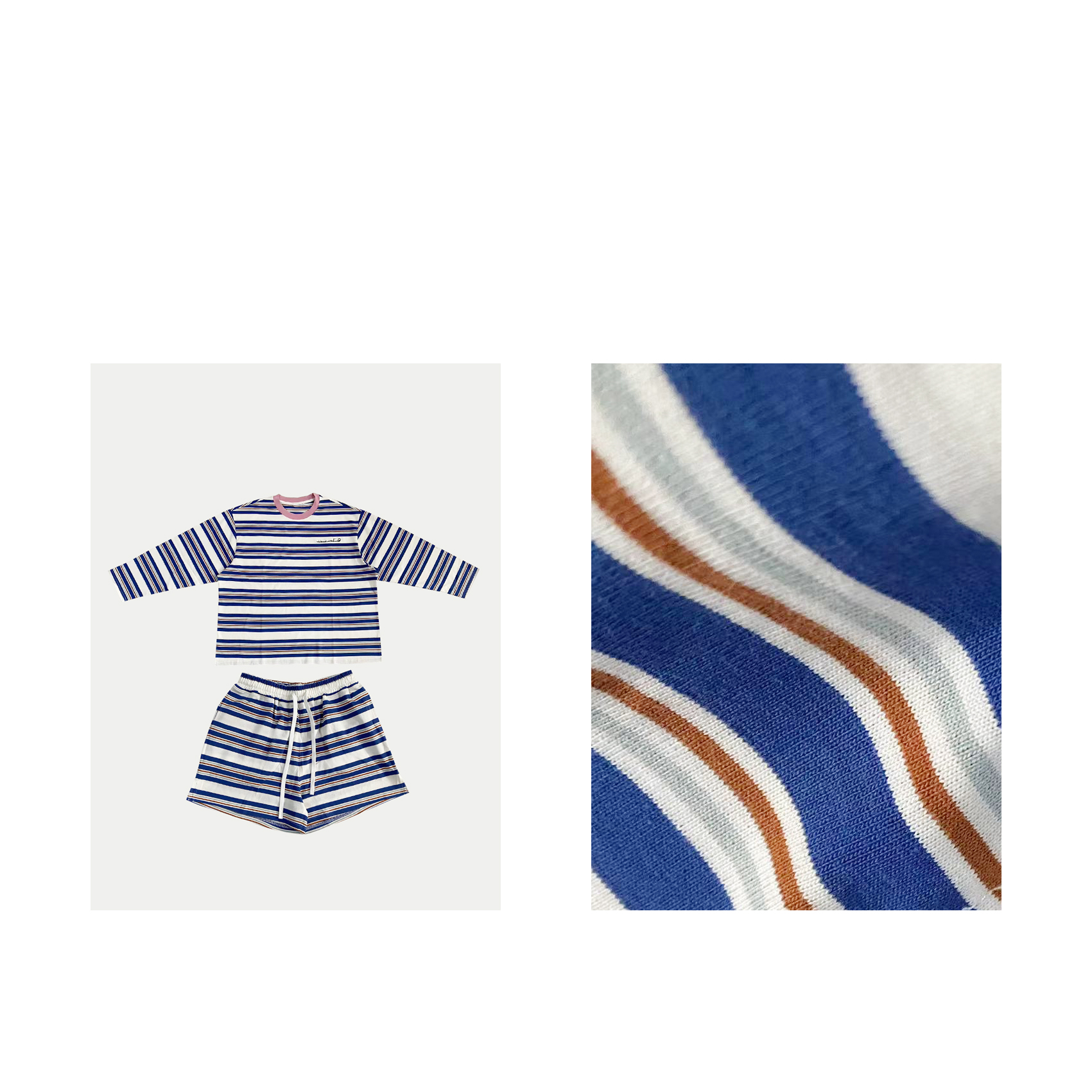 MAINRAY-「夏日海洋蓝」复古条纹英文刺绣撞色韩系chic上衣短裤套装