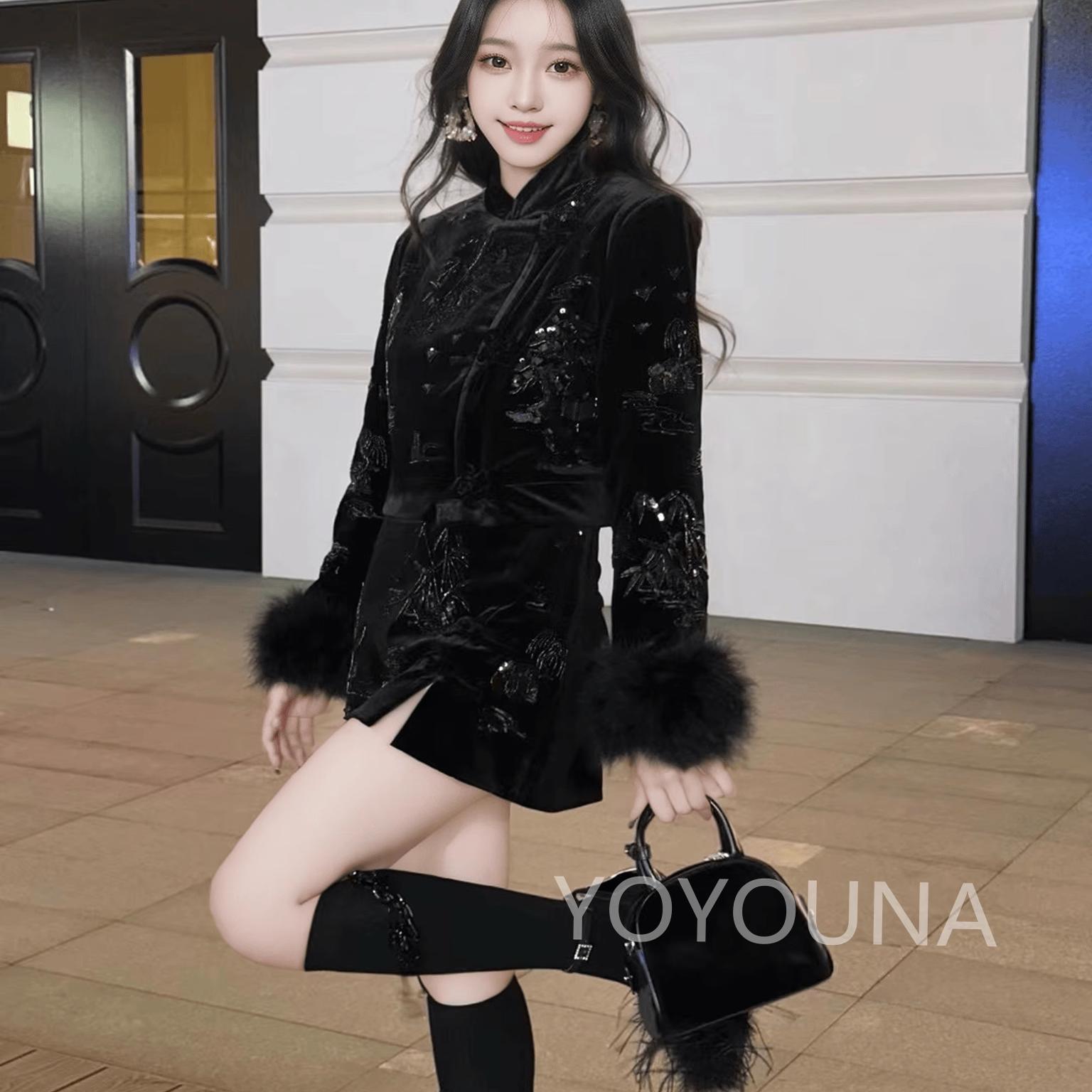 （8折）YOYOUNA东方美人新中式高级感珠片刺绣鸵鸟毛黑色丝绒外套